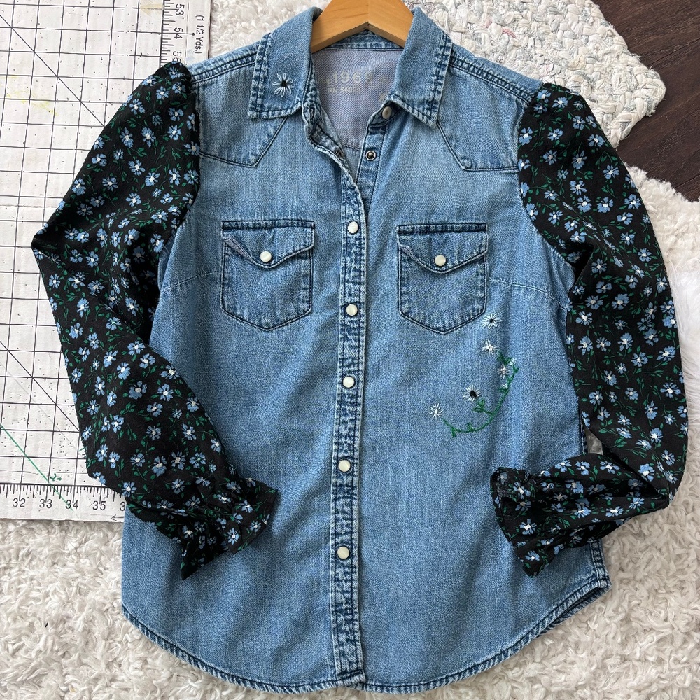 Remade, upcycled, restyled chambray floral puff sleeve blouse
